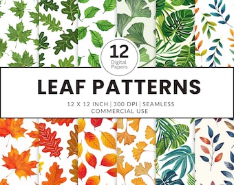 12 Leaf Patterns Digital Papers, Seamless Patterns, 12x12, Vector images of green and fall deciduous and tropical leaves maple elm oak fern