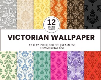 12 Victorian Wallpaper Digital Papers, Seamless Patterns, 12x12, Patterns for dollhouses walls historical design grey blue yellow green