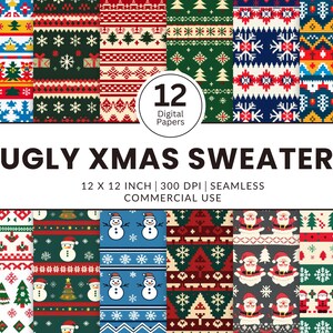 Può includere: Dodici carte digitali con una varietà di motivi colorati di maglioni natalizi. I motivi includono fiocchi di neve, renne, alberi di Natale e Babbo Natale. Il testo "Ugly Xmas Sweater" è visualizzato nella parte superiore dell'immagine. Il testo "12 x 12 pollici | 300 DPI | Senza cuciture | Uso commerciale" è visualizzato sotto l'immagine.