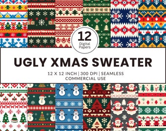 12 Ugly Xmas Sweater Digital Papers, naadloze patronen, 12 x 12, kersttrui truitegelpatronen voor feestdecoraties inpakpapier