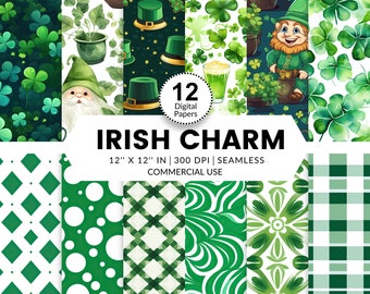 12 Irish Charm Digital Papers, Seamless Patterns, 12x12, St Patricks Day themed images for decorating, posters, party favors green textures