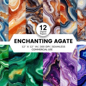 Puede incluir: Doce papeles digitales con patrones sin costuras de ágata en varios colores, incluidos verde, morado, azul, naranja y marrón. Los papeles miden 30,48 cm por 30,48 cm y 300 DPI. El texto "ENCHANTING AGATE" se muestra en una pancarta blanca.