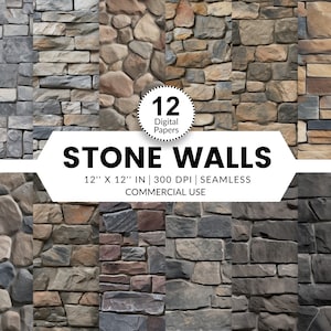 May include: Twelve digital papers featuring seamless patterns of different stone wall textures. Each paper is 12 inches by 12 inches and 300 DPI.  These digital papers are for commercial use.