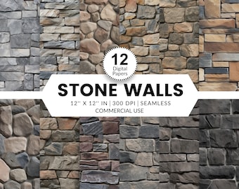 12 Stone Walls Digital Papers, Seamless Patterns, 12x12, Patterns of heavy stone wall in various tones browns yellows grey black backdrop