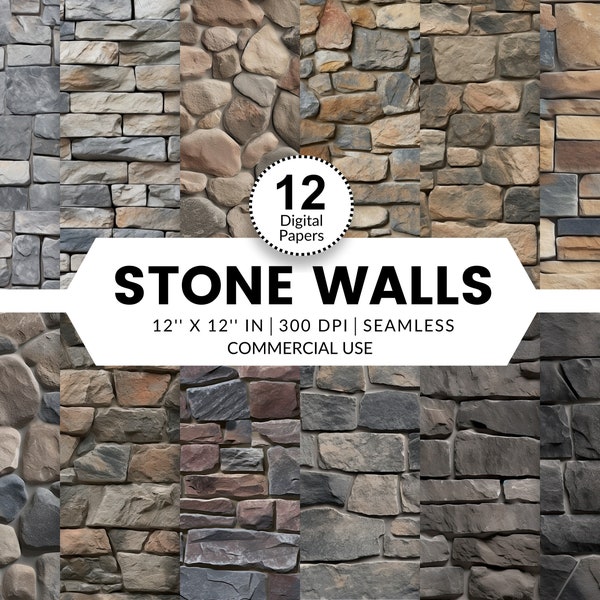 12 Stone Walls Digital Papers, Seamless Patterns, 12x12, Patterns of heavy stone wall in various tones browns yellows grey black backdrop