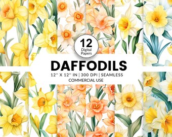 12 Daffodils Digital Papers, Seamless Patterns, 12x12, Watercolor images textures of spring daffodil flowers in full bloom yellow white pink