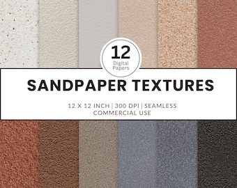 12 Sandpaper Textures Digital Papers, Seamless Patterns, 12x12, Realistic natural images of various colors grits sandpapers brown grey black