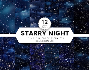 12 Starry Night Digital Papers, Seamless Patterns, 12x12, Realistic night skies with stars whispy clouds and meteors shining twinkling