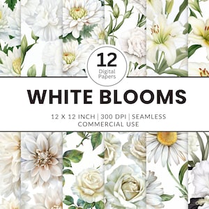 12 White Blooms Digital Papers, modelli senza soluzione di continuità, 12x12, immagini ad acquerello, texture di varietà di fiori bianchi in piena fioritura, garofano, rosa