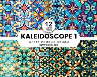 12 Kaleidoscope 1 Digital Papers, Seamless Patterns, 12x12, Colorful stylistic images in jewel colors for back drops and crafts