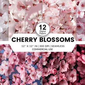 12 papiers numériques de fleurs de cerisier, motifs sans couture, 12 x 12, images 3D réalistes de fleurs de cerisier du Japon dans des branches roses en pleine floraison