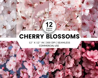12 Cherry Blossoms Digital Papers, Seamless Patterns, 12x12, Realistic 3D images of Japanese Cherry Blossoms in full bloom pink branches