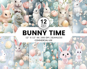 12 Bunny Time Digital Papers, Seamless Patterns, 12x12, Cute images of Easter themed bunnies and eggs soft texture pastel colors garden