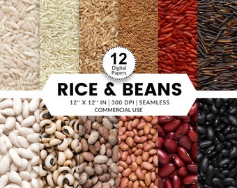 12 Rice & Beans Digital Papers, Seamless Patterns, 12x12, Realistic images textures of types of rice and beans crafts advertising marketing