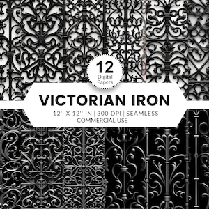 May include: Twelve digital papers featuring seamless patterns of black Victorian ironwork designs. Each pattern is 12 inches by 12 inches and 300 DPI.  Commercial use is permitted.