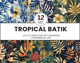 12 Tropical Batik, Seamless Patterns, 12x12, 3D Photo realistic textures of tropical batik patterns on linen fabric dyed flat cotton flowers
