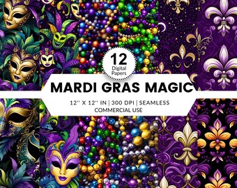 12 Mardi Gras Magic Digital Papers, Seamless Patterns, 12x12, Realistic images textures New Orleans themed masks beads fleur de lis purple