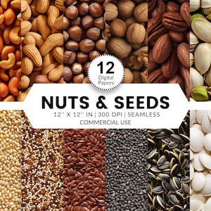 May include: Twelve digital papers featuring close-up images of various nuts and seeds. The images include cashews, peanuts, hazelnuts, pecans, pistachios, sesame seeds, quinoa, flax seeds, chia seeds, sunflower seeds, and pumpkin seeds. The papers are 12 inches by 12 inches and 300 DPI. They are seamless and for commercial use.