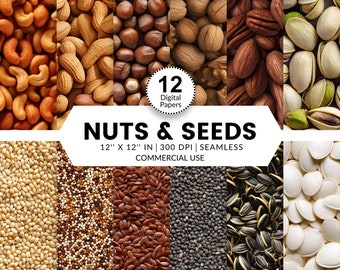 12 Nuts & Seeds Digital Papers, Seamless Patterns, 12x12, Realistic images of edible nuts and seeds, pecans walnuts peanuts cashews sesame