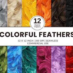 12 Bunte Federn Digitale Papiere, Nahtlose Muster, 12x12 Realistische 3D Bilder Texturen Blau Rot Petrol Orange Braun Schwarz Gelb Pink Grau