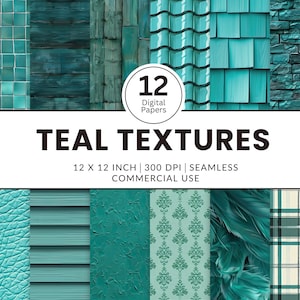 May include: A digital paper pack with 12 teal textures. The textures include brick, wood, tile, and more. The pack is 12 x 12 inches, 300 DPI, seamless, and for commercial use.