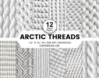 12 Arctic Threads Knits Digital Papers, Seamless Patterns, 12x12, Realistic 3D textures of white knitted fabric sweaters wool cotton jumper