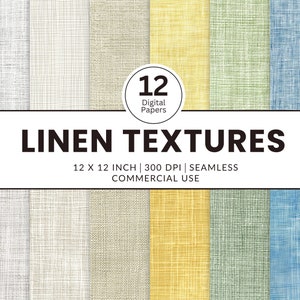 12 Linen Textures Digital Papers, Seamless Patterns, 12x12, Textures linen fabric close up white beige yellow blue detailed showing weave