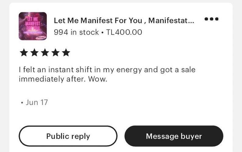 K&ouml;nnte beinhalten: Eine F&uuml;nf-Sterne-Bewertung f&uuml;r ein E-Book mit dem Titel "Let Me Manifest For You". Die Bewertung lautet: "Ich sp&uuml;rte eine sofortige Ver&auml;nderung meiner Energie und bekam direkt danach einen Verkauf. Wow!" Die Bewertung wurde am 17. Juni ver&ouml;ffentlicht.