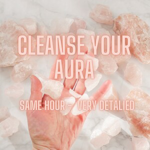Peut inclure: Une main tenant une collection de cristaux de quartz rose. Le texte "Cleanse Your Aura Same Hour - Very Detailed" est écrit en lettres roses sur un fond blanc.