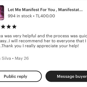 K&ouml;nnte beinhalten: Eine F&uuml;nf-Sterne-Bewertung f&uuml;r ein digitales Produkt mit dem Titel "Let Me Manifest For You, Manifestat..." mit 994 St&uuml;ck auf Lager und einem Preis von TL400,00. Die Bewertung lautet: "Jessica war sehr hilfreich und der Prozess war schnell und einfach. Ich werde sie jedem empfehlen, den ich kenne. Vielen Dank, ich wei&szlig; Ihre Hilfe wirklich zu sch&auml;tzen!" von Jenna Silva am 26. Mai.
