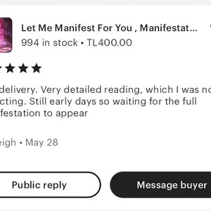 K&ouml;nnte beinhalten: Eine F&uuml;nf-Sterne-Bewertung f&uuml;r ein digitales Produkt namens "Let Me Manifest For You, Manifestat..." mit einem lila und pinkfarbenen Coverbild. Die Bewertung lautet: "Schnelle Lieferung. Sehr detaillierte Lesung, mit der ich nicht gerechnet habe. Es ist noch fr&uuml;h, daher warte ich auf die vollst&auml;ndige Manifestation." Die Bewertung stammt von Kayleigh und wurde am 28. Mai ver&ouml;ffentlicht.