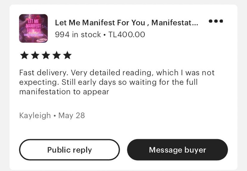 K&ouml;nnte beinhalten: Eine F&uuml;nf-Sterne-Bewertung f&uuml;r ein digitales Produkt namens "Let Me Manifest For You, Manifestat..." mit einem lila und pinkfarbenen Coverbild. Die Bewertung lautet: "Schnelle Lieferung. Sehr detaillierte Lesung, mit der ich nicht gerechnet habe. Es ist noch fr&uuml;h, daher warte ich auf die vollst&auml;ndige Manifestation." Die Bewertung stammt von Kayleigh und wurde am 28. Mai ver&ouml;ffentlicht.