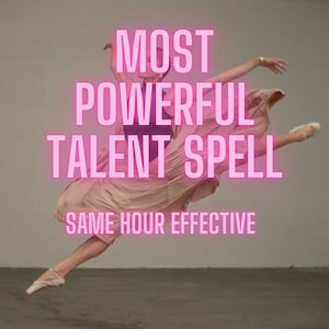 Puede incluir: Una mujer con un vestido rosa salta en el aire con los brazos extendidos. El texto "MOST POWERFUL TALENT SPELL SAME HOUR EFFECTIVE" está escrito en letras de neón rosa.