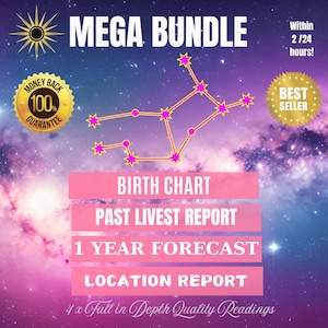 Astrology Birth Chart + 1 Year Forecast + Past Lives Report + Location Reading, Natal Chart 12 Month Prediction In Depth Astrology Bundle