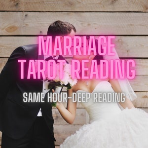 May include: A newlywed couple in formal wedding attire, embracing. The bride wears a white strapless gown and veil, holding a bouquet. The groom is in a black tuxedo. Text overlay reads "MARRIAGE TAROT READING" and "SAME HOUR-DEEP READING".
