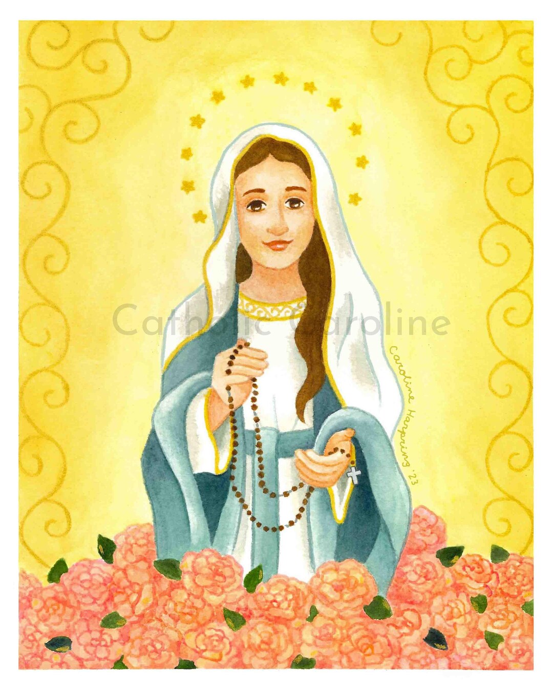 Our Lady of the Rosary Print: Catholic Watercolor Art (8x10) - Etsy