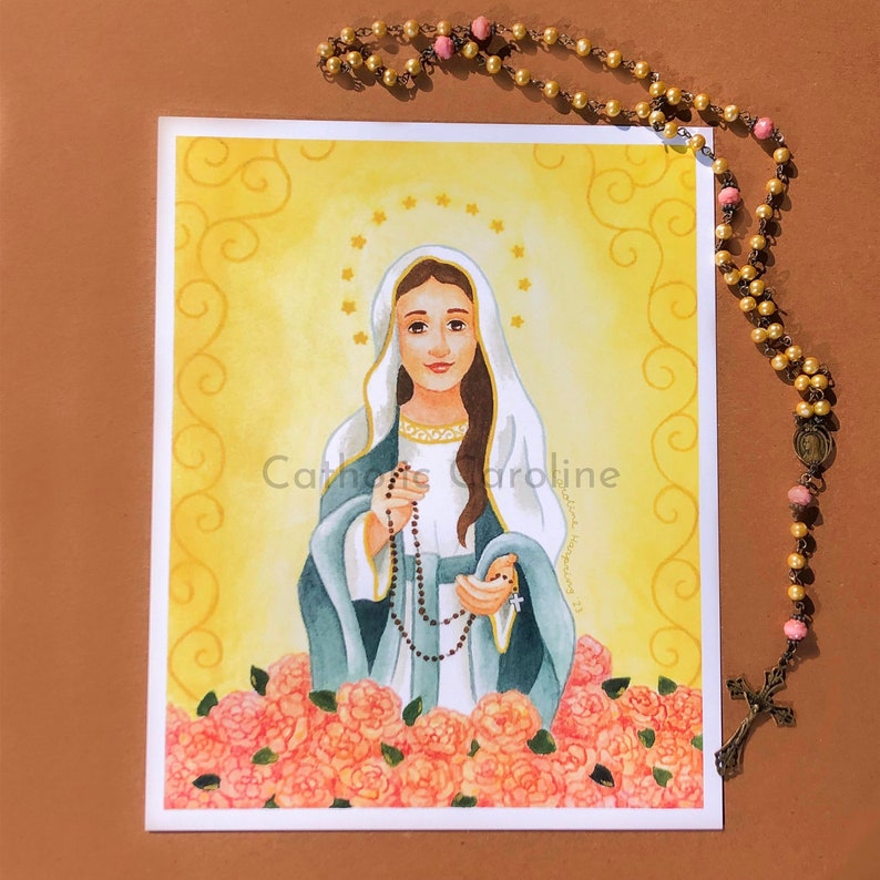 Our Lady of the Rosary Print: Catholic Watercolor Art (8x10) - Etsy