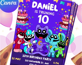 Editable Canva Template Smiling Critter On Canva Birthday Invitation, It's Party Time, Printable Birthday Party Invitation, instant Download