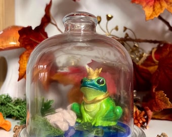 Könnte beinhalten: Eine skurrile Glaskuppel mit einer grünen Froschfigur, die eine goldene Krone und einen Kragen trägt. Der Frosch sitzt auf einem blauen Sockel mit Miniaturfelsen und Grün. Die Kuppel ist von Herbstblättern umgeben.