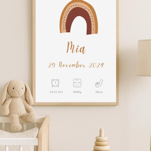 Foto de nacimiento personalizada con nombre y fecha de nacimiento | Póster arcoíris bohemio para la habitación del bebé | Regalo de nacimiento | A4 | A3