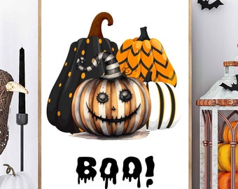 Boo Halloween-pompoenkunstprint, spookachtig decor (digitale download)