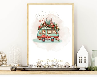 Whimsical Winter Caravan Watercolor Print, Christmas Home Decor (Digital Download)