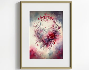 Mother's Day Gift: Watercolor Heart & Rose Art Print, Mum Appreciation, Digital Download, Giftful, Gift For Her