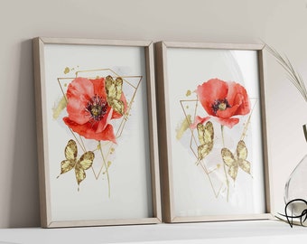 Neutral Wildflower Set - 2 Watercolour Poppie Flower Prints for Chic Home Decor - Livingroom Wall Art