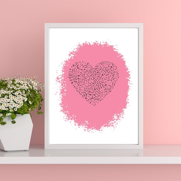 Sweet Pink Wall Art, Love Theme, Modern Printable Decor, Heart Illustration Music Love, Trendy Decor, Chic Home Decor