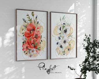Set of 2 Watercolour Poppies Prints - Vibrant Garden Blooms, Floral Wall Decor, Botanical Print, Garden Flower Print, Floral Wall Art