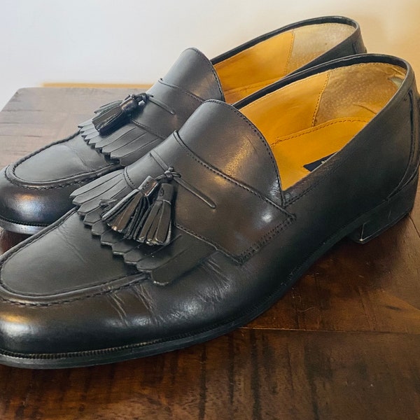 Chaps Mens Black Leather Slip-on Tasseled Loafer Size 11