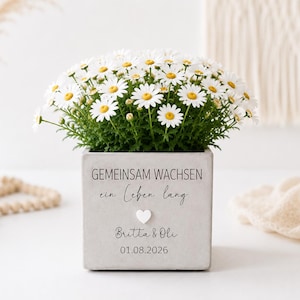 Könnte beinhalten: Ein quadratischer grauer Betonübertopf gefüllt mit weißen Gänseblümchen. Auf der Vorderseite steht der schwarze Text GEMEINSAM WACHSEN ein Leben lang, ein kleines weißes Herzsymbol, die Namen Britta & Oli und das Datum 01.08.2026.
