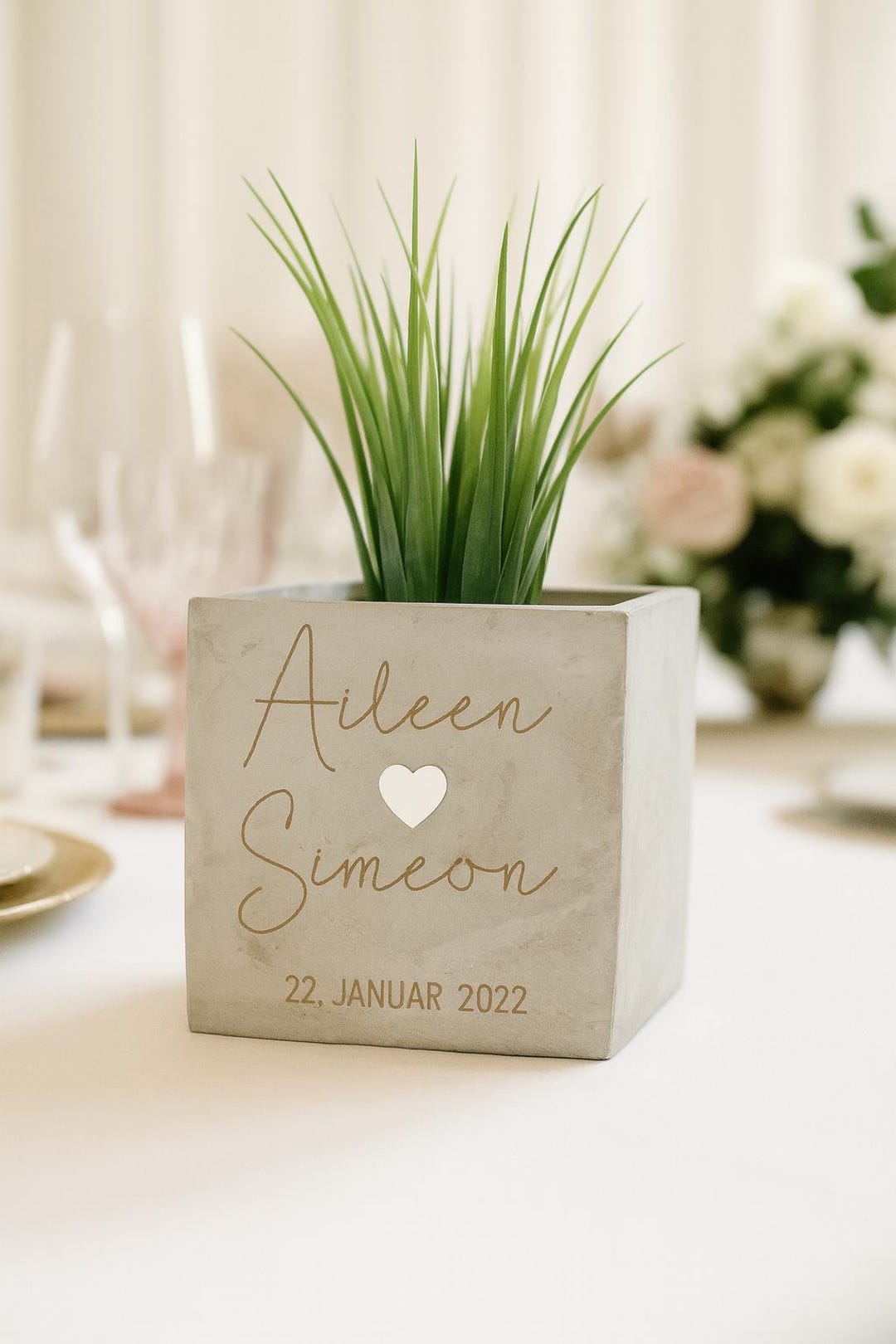 Wunderwunsch Blumentopf Betonoptik Quadratisch 11x11x9,5cm – Personalisiertes Hochzeitsgeschenk Mit Spruch, Individuelle Blumenvase Für Hochzeit, Braut & Co