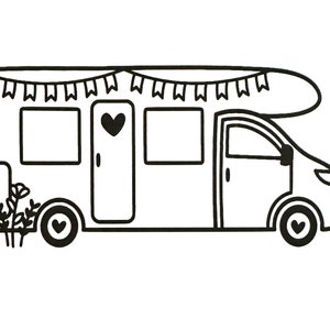 May include: A black and white line drawing of a camper van with a heart on the side and a string of flags on top. The camper van has a pop-up roof and two windows.